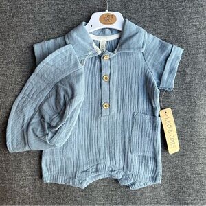 NWT Liam & James Baby Boy 2 Piece Set Romper and Hat Cotton Gauze Blue 0-3M